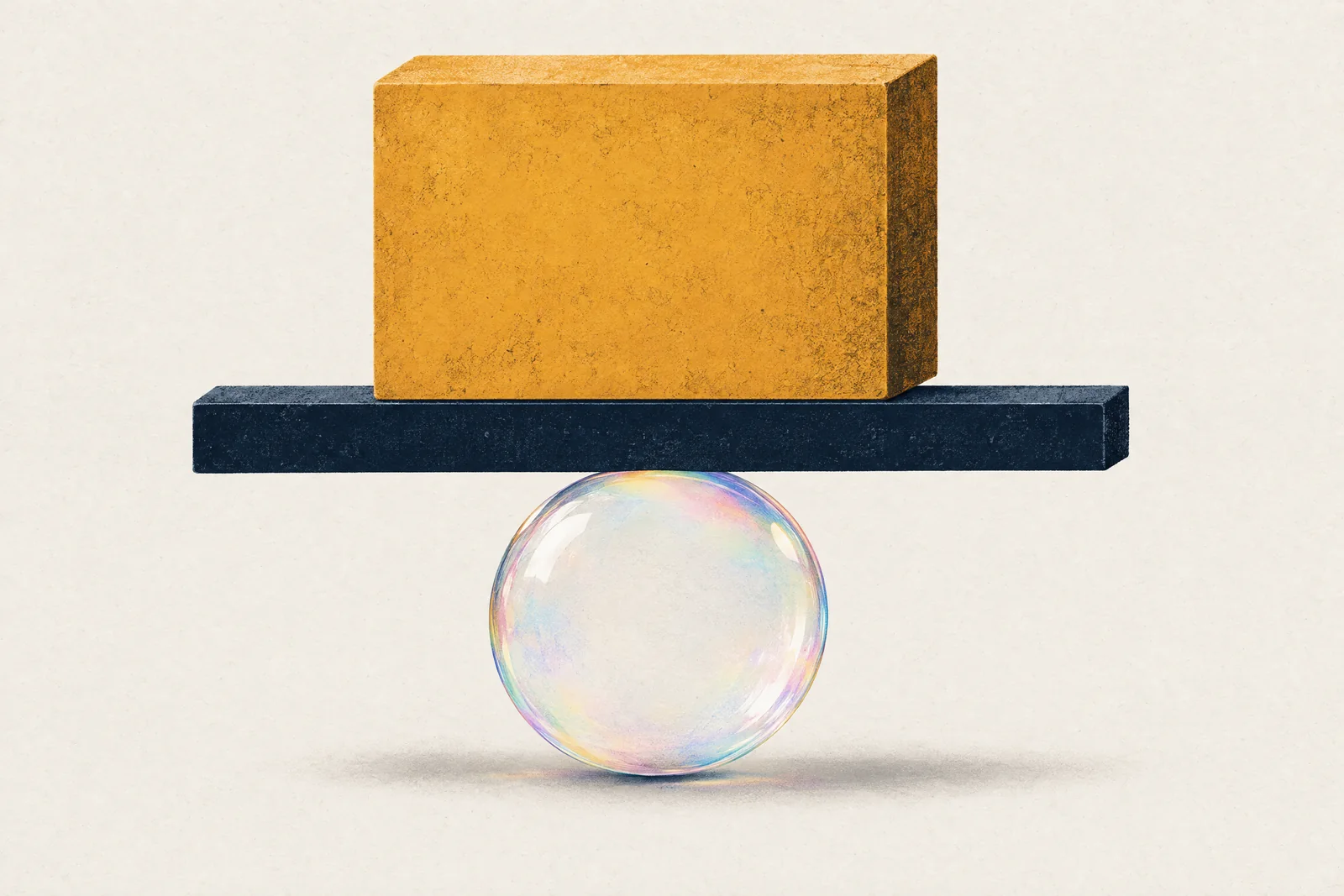 A heavy amber block resting on a navy bar, held up from below by a fragile soap bubble, like a fraction with a bubble as its denominator.